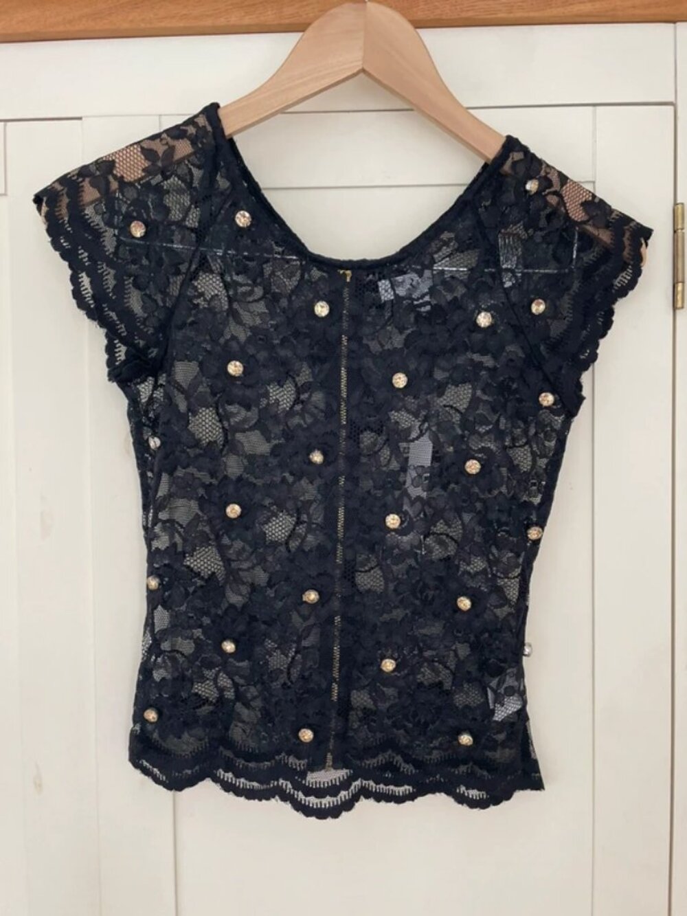 Rare London 6 Lace Black top Gold Diamanté and gold zip